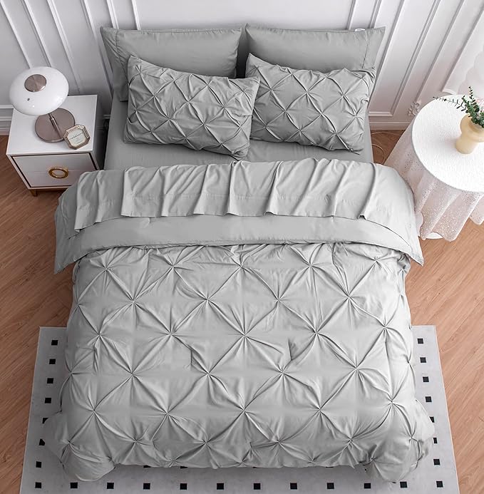 LANE LINEN Twin XL Comforter Set, 5 Piece Twin XL Bedding Set, Pintuck Twin XL Bed in a Bag, Twin XL Bed Set, Twin XL Bed Comforter Set with Sheets, Pillowcase & Sham, Bedding Comforter Sets - Silver