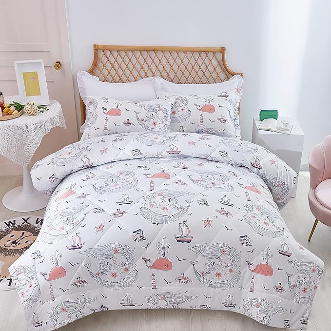 JSD Girls Mermaid Twin Comforter Set for Girls, 2 Piece Kids Printed Comforter with Pillow Sham, Soft Comfortable Machine Washable
