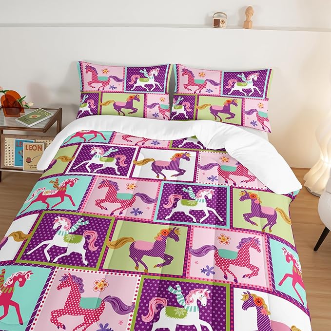 HOSIMA 3Pcs Kawaii Kids Horse Queen Comforter Set with 2 Pillowcases,Colorful Dots Style Comforter for Adults Teens Princess Toddler Bedding Sets Queen,Horse Pony Comforter Set.