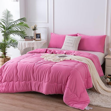 COTTEBED Softness Comforter Set KING Size Bed, Jersey Knit T-Shirt Feel Ultra-Soft Breathable Comy Cozy Lightweight Bedding Down Blanket Pillowsham Women Girl All Season, California/Cal King Rose Pink