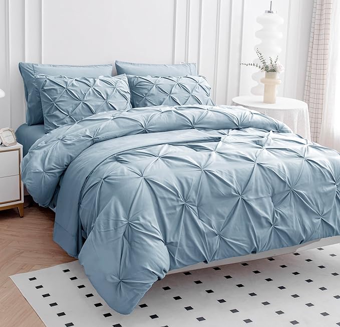 LANE LINEN King Size Comforter Set with Sheets, Complete 7 Piece King Comforter Set, Pintuck King Bedding Set, Soft King Size Bed in a Bag Set, Premium King Bed Set, Pillowcases & Shams - French Blue