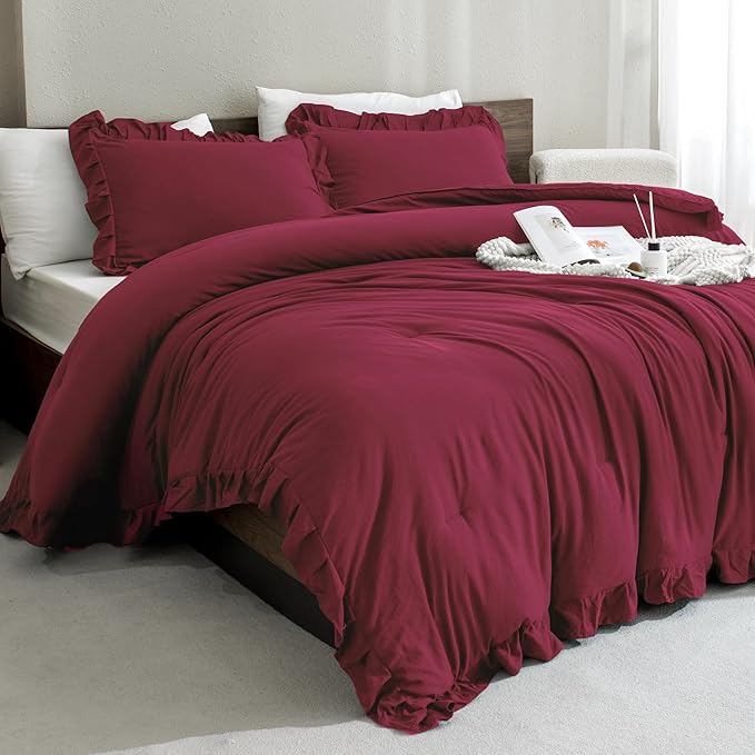 Andency Burgundy Comforter Set Queen Size, 3 Pieces Shabby Chic Ruffle Bedding Comforter Sets for Queen Bed, Lightweight Fluffy Soft Microfiber Farmhouse Comforter Set
