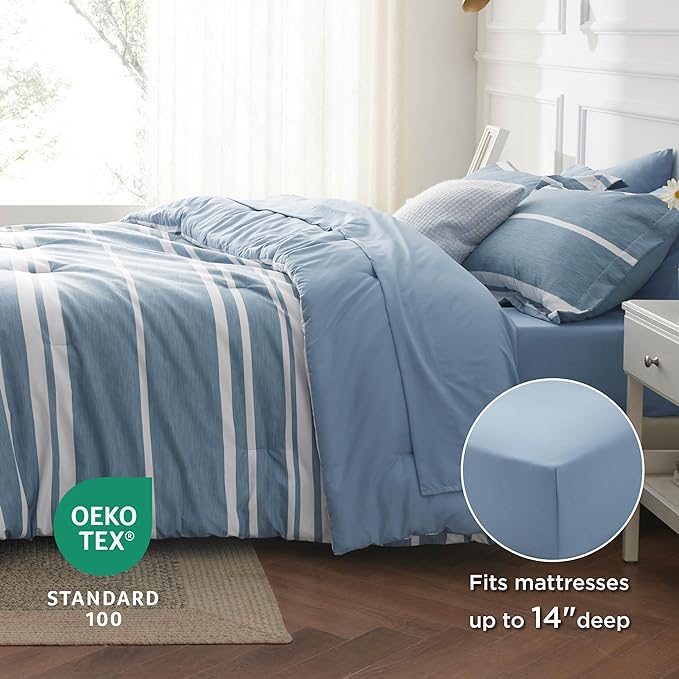 Bedsure Twin XL Comforter Set for College Boys, Blue White Striped Bedding Comforter Sets All Season Bed Set with 1 Pillow Sham, Flat Sheet, Fitted Sheet and 1 Pillowcase