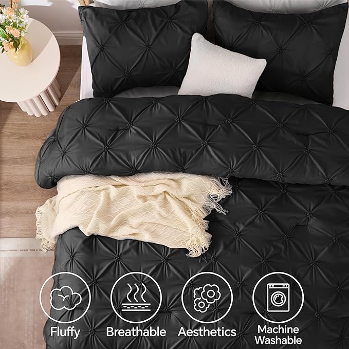 BEDELITE Black King Size Comforter Set - 3 Pieces Boho Pintuck Bedding Comforter Sets, Lightweight Soft & Warm King Bedding Set with 2 Pillowcases for All Season