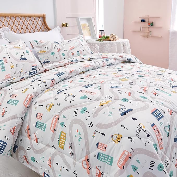 JSD Car Kids Printed Comforter Set for Boys Girls, 3 Pieces Queen Microfiber Comforter with Pillow Sham, Soft Comfortable Machine Washable