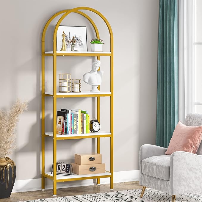 Tribesigns 4-Tier Open Bookshelf, 70.8" Modern Wood Bookcase Storage Shelves with Metal Frame, Freestanding Display Rack Tall Shelving Unit for Office, Bedroom, Living Room (White & Gold, 1PC)