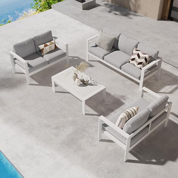 Wisteria Lane Aluminum Outdoor Patio Furniture Set, Modern Patio Conversation Sets, Outdoor Sectional Metal Sofa with 5 Inch Cushion and Coffee Table for Balcony, Garden, Light Grey