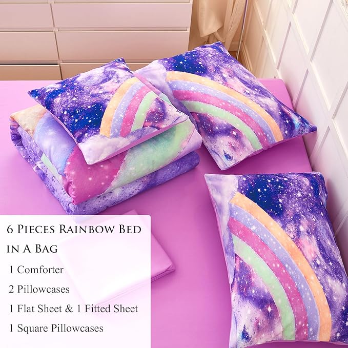 Rainbow Full Size Bedding Sets for Girls, Glitter Tie Dye Purple Kids Comforter Sets, 6Pcs Soft Sparkle Galaxy Bed in A Bag with Sheets for Teens