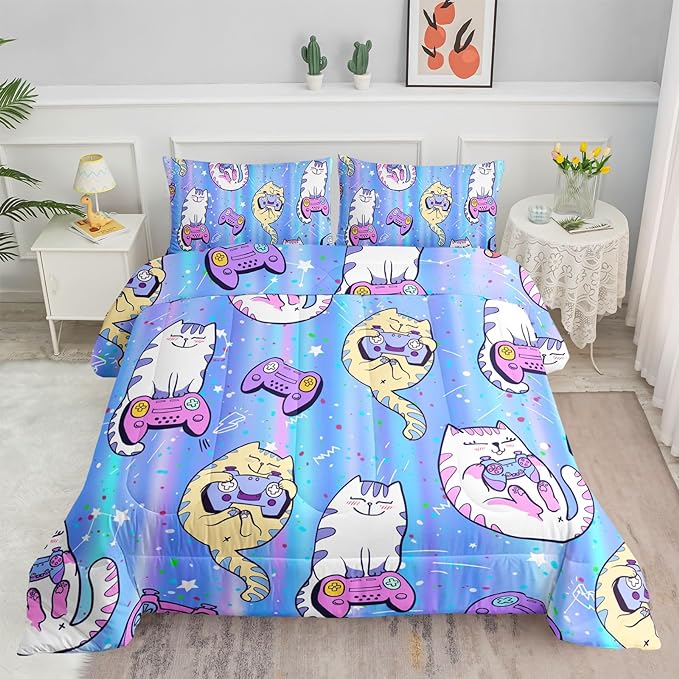 Datura home Cat Comforter Set Blue Kawaii Cat Printed Quilt Bedding Set with 1 Comforter and 2 Pillowcases for Boys and Girls Bedroom All Season(Blue Cat Twin)