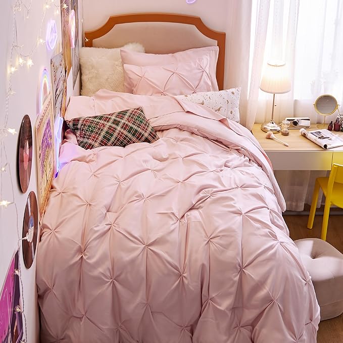 Bedsure Pink Twin Comforter Set for Girls - 5 Pieces Twin Bedding Sets, Pinch Pleat Pink Twin Bed in a Bag with Comforter, Sheets, Pillowcase & Sham