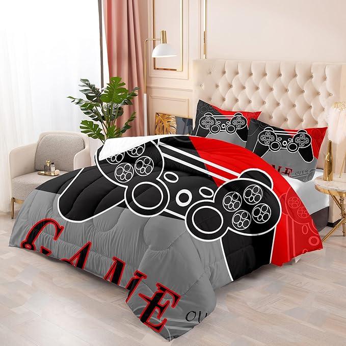 Gaming Bedding Sets for Boys Bedroom Video Gamer Comforter Set Full Size Black Red Game Controller Beddings for Kids Teens 1 Comforter and 2 Pillowcases