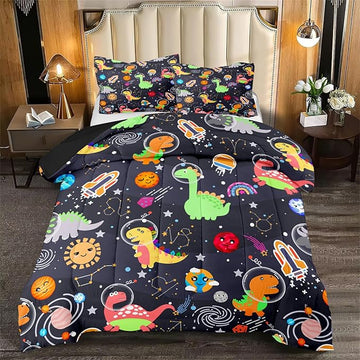 Boys Dinosaur Comforter Set Queen Size, 3Pcs Black Cartoon Dinosaur Bedding Set for Girls Kids Adults Bedroom Decor, Boys Comforter Set for All Season, Lightweight, 1 Quilt with 2 Pillowcases