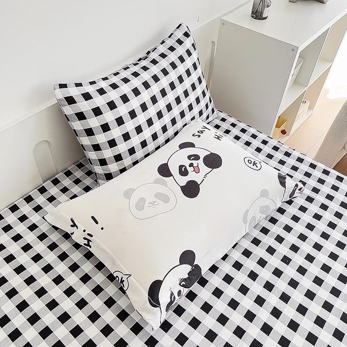 7 Piece Kids Panda Comforter Set Twin Size - Black White Cute Panda Bedding Set Bed in A Bag for Girls Boys Teens - Soft Comfortable Machine Washable Bed Set