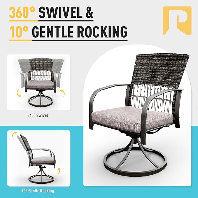 Pamapic 5 Piece Patio Dining Set for 4,Wicker Outdoor Furniture Set for Backyard Garden Deck Poolside with Square Plastic-Wood Table Top,4 Cushions Swivel Rocker Chairs,Removable Cushions(Gray)
