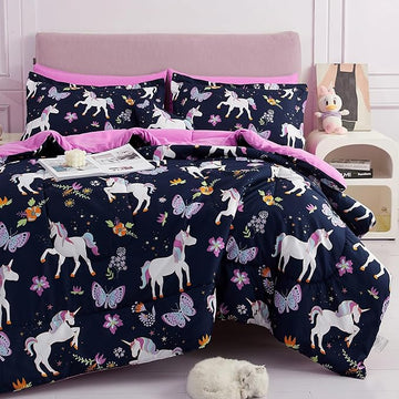 Mooreeke Kids Comforter Bed Set Twin Size for Girls, 6 Pieces Bed in a Bag with Shams, Sheet Set, Purple Pink Unicorn Twin Soft Microfiber Kids Comforter Bedding Set