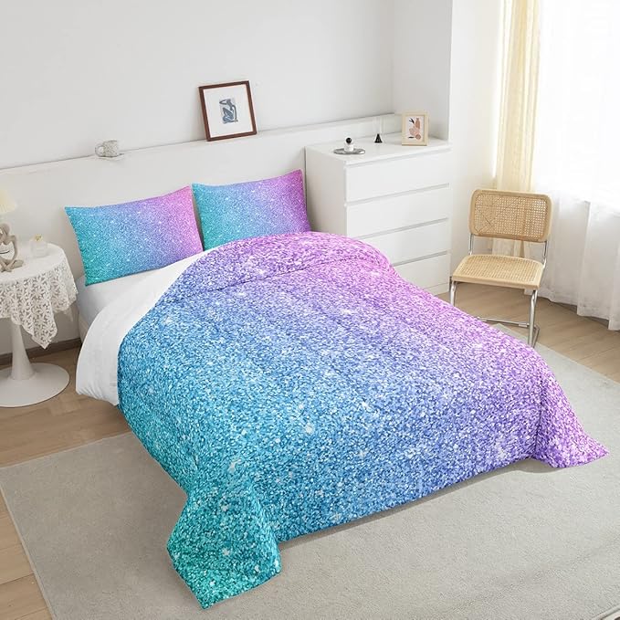 Colorful Glitter Bedding Twin Girly Turquoise Teal Blue Pink Pastel Girls Comforter Set 2 Pcs Trendy Quilt Duvet for Kid Women Down Comforter with Sparkle Sequin Pattern Bling Bedroom Decor Bed Cover
