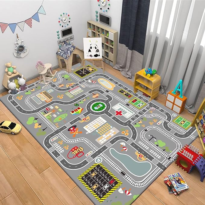 Kids Rug Play Mat Great for Playing with Cars and Toys,Educational Kid Road and Traffic City Life Carpet,Children Baby Fun Throw Rug for Bedroom Play Room,79X118Inch/200X300CM