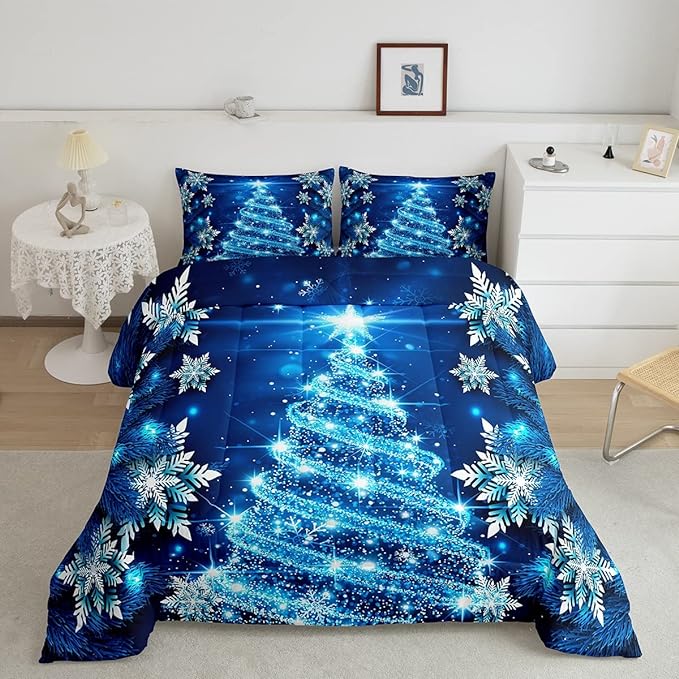 Feelyou Girls Christmas Tree Comforter Set Blue Xmas Theme Comforter Full Chic Winter Snowflake Bedding Set for Girls Daughter Bedroom Decor Soft Girly Glitter Quilted Duvet Winter Warm Bedding