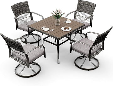Pamapic 5 Piece Patio Dining Set for 4,Outdoor Wicker Furniture Set for Backyard Garden Deck Poolside with 4 Cushions Swivel Rocker Chairs,Square Plastic-Wood Table Top, Removable Cushions(Gray)