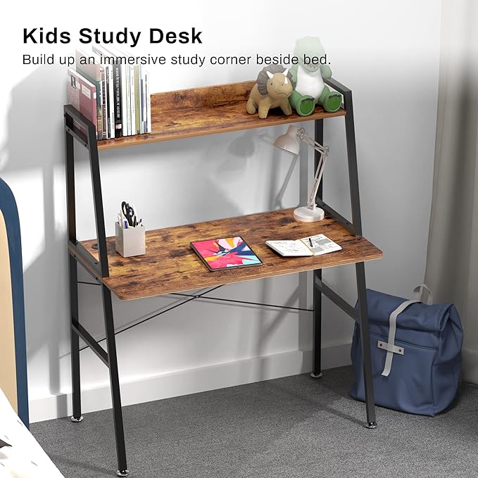 DESIGNA Small Computer Ladder Desk with Storage Shelves, 43 Inch 2-Tier Home Office Students Study Writing PC Gaming Table with Bookshelf Modern Workstation for Space Saving, Metal Frame, Rustic Brown
