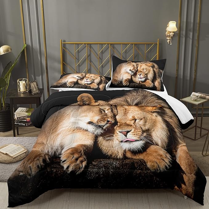 Bodhi Lover Couple Lion Comforter Set King Soft Microfiber Lion Bedding Set King Size Animal Comforter Set with Pillowcases,1 Comforter+2 Pillow Shams #4004