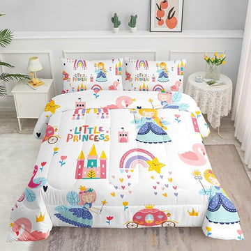 Datura home Girls Bedding Comforter Set Little Princess and Rainbow Castle Printed Pattern Quilt Bedding Set with 1 Comforter and 2 Pillowcases for Girls Bedroom All Season(Princess Full)80x90in
