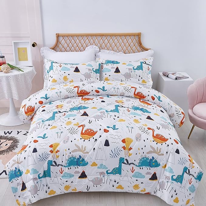 JSD Dinosaur Kids Comforter Set for Boys Girls, 3 Pieces Queen Microfiber Comforter with Pillow Sham, Soft Comfortable Machine Washable