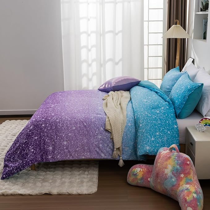 Holawakaka Kids Space Star Glitter Comforter Set Queen Size Girls Ombre Blue & Purple Print Gradient Teens Bedding Set Teens Galaxy Bed Sets (Blue purple, Full)