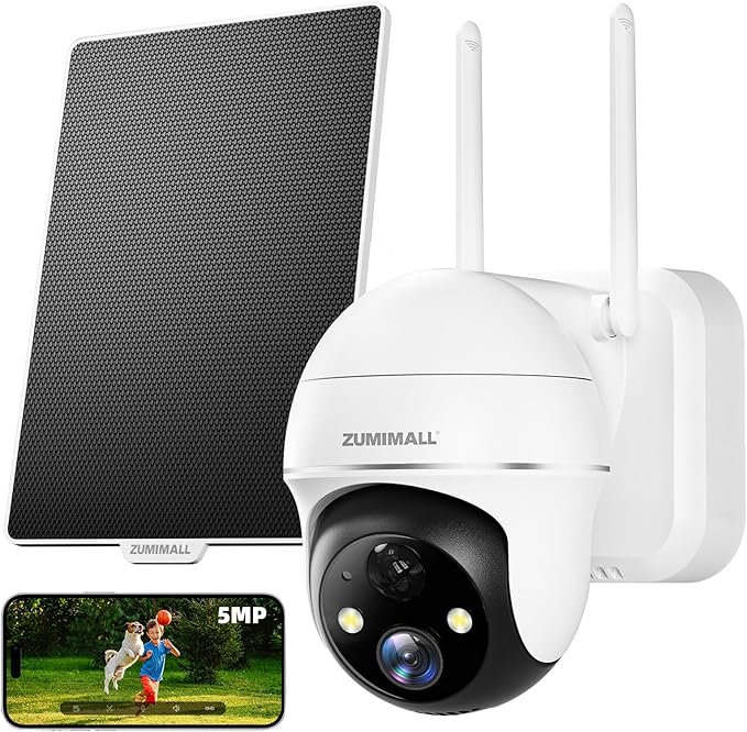 ZUMIMALL 5MP Security Cameras Wireless Outdoor, Solar Security Camera Outdoor with 360° PTZ, Battery Powered Camera for Home Security Outside, Color Night Vision/2.4G WiFi/2-Way Talk/IP66/AI Detection