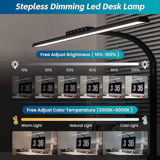 Desk Lamp, Stepless Dimming Desk Lamp with Clamp Flexible Gooseneck Desk Lamps for Home Office Eye Caring Desk Light Modern 24W Office Light for Sewing Studying Working Drawing