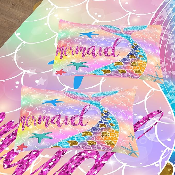 NINENINE Mermaid Bedding Sets 5PCS Twin Size Comforter Sets for Girls, Glitter Bedding Set Toddler Comforter Sets for Girls (1Comforter, 1Flat Sheet, 1Fitted Sheet, 2Pillowcases)