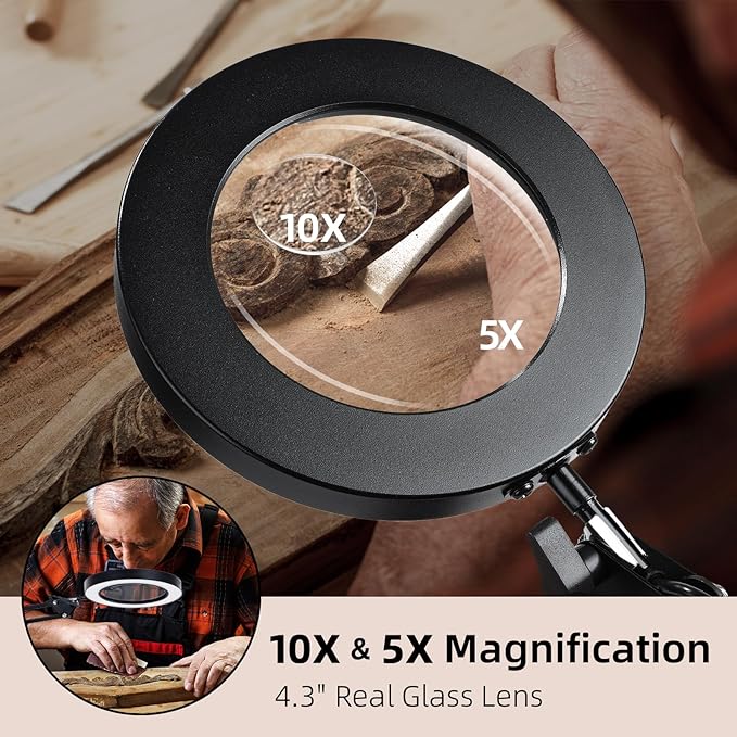 Magnifying Glass with Light and Stand, 3-in-1 Gooseneck Arms 3 Color Modes Stepless Dimmable, 10x&5X LED Desktop Magnifier with light Hands Free for Workbench Reading Crafts Painting Hobby Close Work