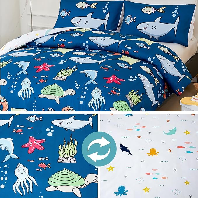 WINLIFE Shark Twin Comforter Set for Boys Blue Ocean Theme Printed Bedding Set, Super Soft and Easy Wash Reversible Kids Bed Set 1 Comforter 2 Pillowcases (3-Pieces, Twin)