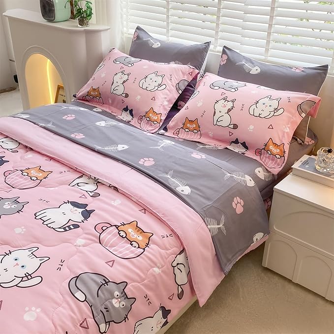 7 Piece Girls Cat Comforter Set Full Size Bed in A Bag Pink Cute Cartoon Pet Cats Bedding Set for Kids Boys Teens (1 Comforter, 1 Flat Sheet, 1 Fitted Sheet, 4 Pillow Sham) Gray