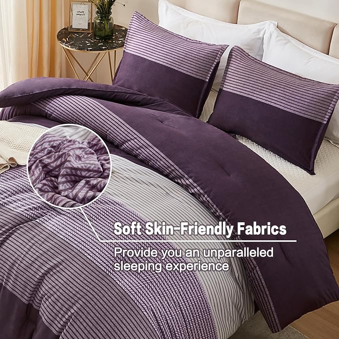 Litanika California King Comforter Set Purple - 3 Pieces Cal King Oversized Lightweight Purple White Colorblock Stripe Bedding Set (104x96In, 2 Pillowcases)