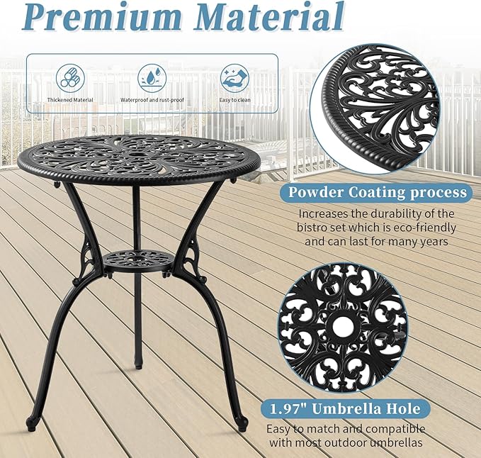 3 Piece Bistro Patio Set Cast Aluminum Bistro Table and Chairs Set of 2 with Cushion,Outdoor Bistro Table Set with Umbrella Hole,Metal Patio Furniture Set for Garden,Black