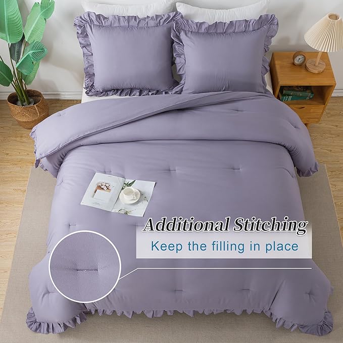 Andency Grayish Lavender Purple Queen Comforter Set, 3 Pieces Solid Ruffle Bedding Comforter Sets for Queen Bed, Lightweight Fluffy Soft Microfiber All Season Bedding Set