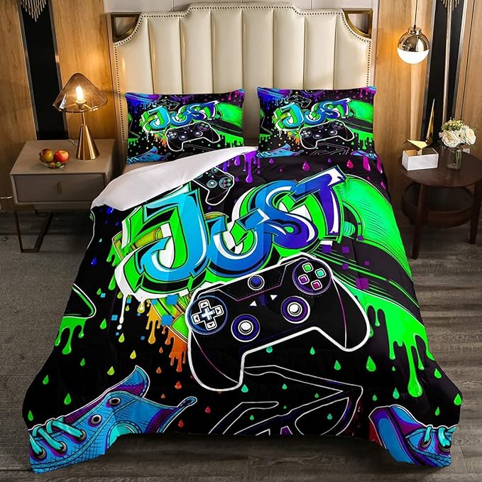 Erosebridal Boy Gaming Comforter Set Twin Gamepad Game Bedding Set Gamers Quilt Tie Dye Duvet Set for Kids Teens Hip Hop Quilt Set Cartoon Design Bedding, Colorful Comforter Set