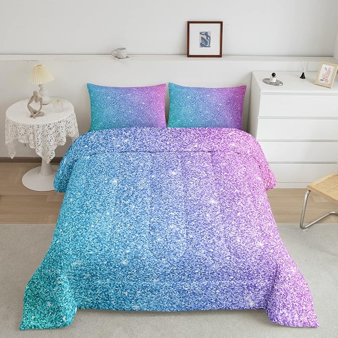 Colorful Glitter Bedding Full Girly Turquoise Teal Blue Pink Pastel Girls Comforter Set 3 Pcs Trendy Quilt Duvet for Kid Women Down Comforter with Sparkle Sequin Pattern Bling Bedroom Decor Bed Cover