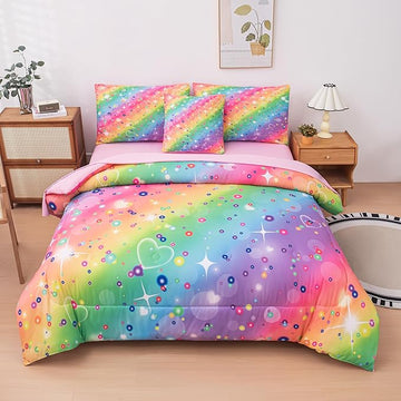 Twin Comforter set for Girls, Tie Dye Rainbow Comforter Twin, 6 Pcs Girls Bed in a Bag Twin, Kids Comforter Sets for Girls(1Comforter, 1Flat Sheet, 1Fitted Sheet, 1 Pillow Cover, 2Pillowcases)