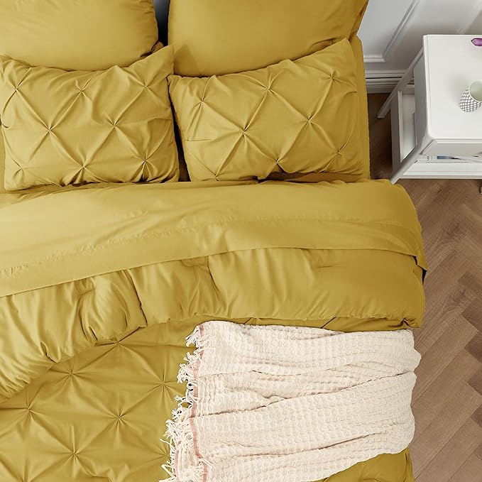 Bedsure Mustard Yellow Comforter Set Queen - Bed in a Bag Queen 7 Pieces, Pintuck Beddding Sets Green Bed Set with Comforter, Sheets, Pillowcases & Shams