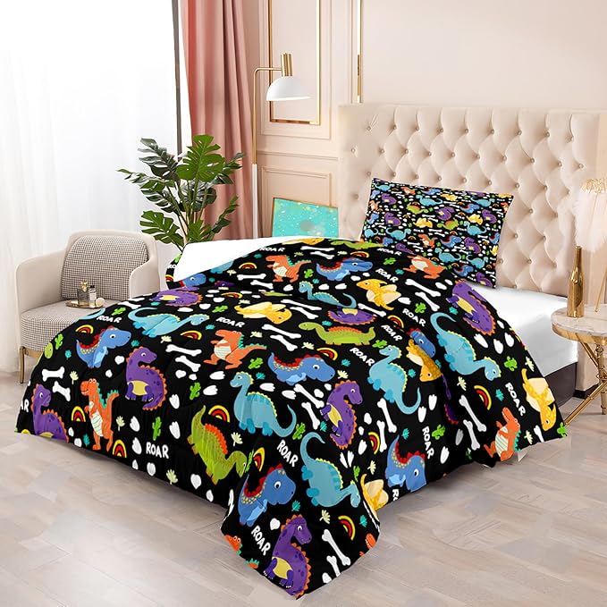 Dinosaur Comforter Set Twin - Cartoon Dinosaur Twin Bedding Set for Boys Kids Twin Size Comforter Set for Boys Soft Breathable Dino Quilt Kids Bedding Set, 1 Comforter 1 Pillowcase