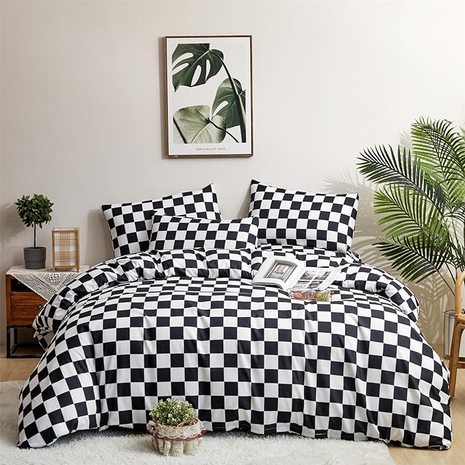 Wellboo Black White Plaid Comforter Sets Twin Women Men Black and White Checkerboard Grid Bedding Comforters Cotton Boys Girls Modern Black Checkered Geometric Quilts Luxury Abstract White Bedding