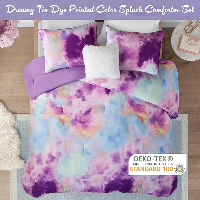 Intelligent Design Twin Comforter Set, Watercolor Twin Bedding Sets, Tie Dye Comforter Set for Teen Girl & Boys, 3 Pieces Cassiopeia Comforter, Sham, Throw Pillow Twin/Twin XL Lavender