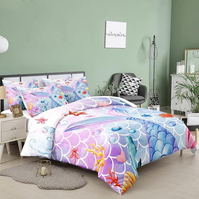 NINENINE Mermaid Bedding 5PCS Twin Size Glitter Comforter Set Princess Toddler Bedding Sets for Girls (1Comforter, 1Flat Sheet, 1Fitted Sheet, 2Pillowcases)…