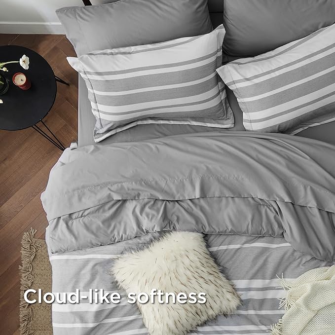Bedsure Full Size Bed Sets 7 Pieces - Grey & White Striped Bedding All Season Comforter Set, Bed in a Bag with 1 Comforter, 2 Sheets, 2 Pillowcases & 2 Shams