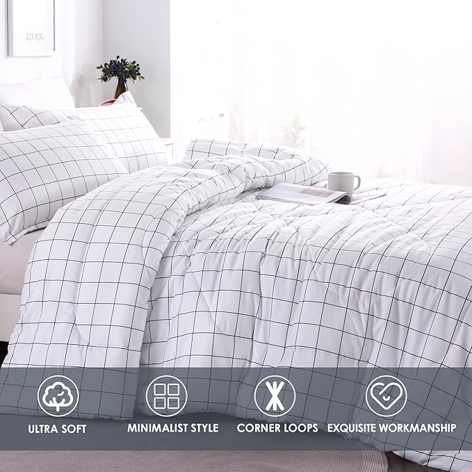 Andency White Grid Comforter Set King Size (104x90 Inch), 3 Pieces(1 Grid Comforter and 2 Pillowcases), Summer Lightweight Microfiber Down Alternative White Comforter with Black Lines