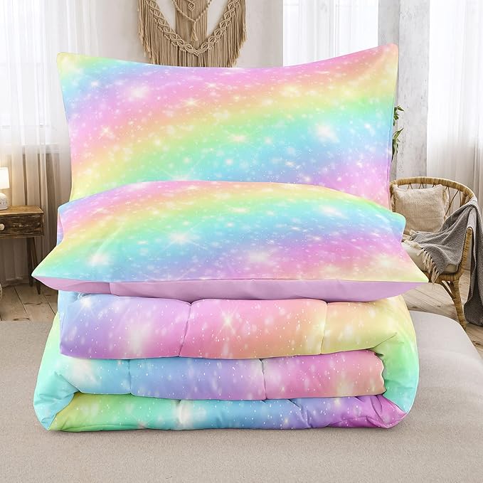 NINENINE Rainbow Bedding Sets,Twin Comforter Set for girls,Twin Bedding Sets for girls,Pink Comforter Glitter Bedding Comforter Set with 1 Comforter 1Pillowcase