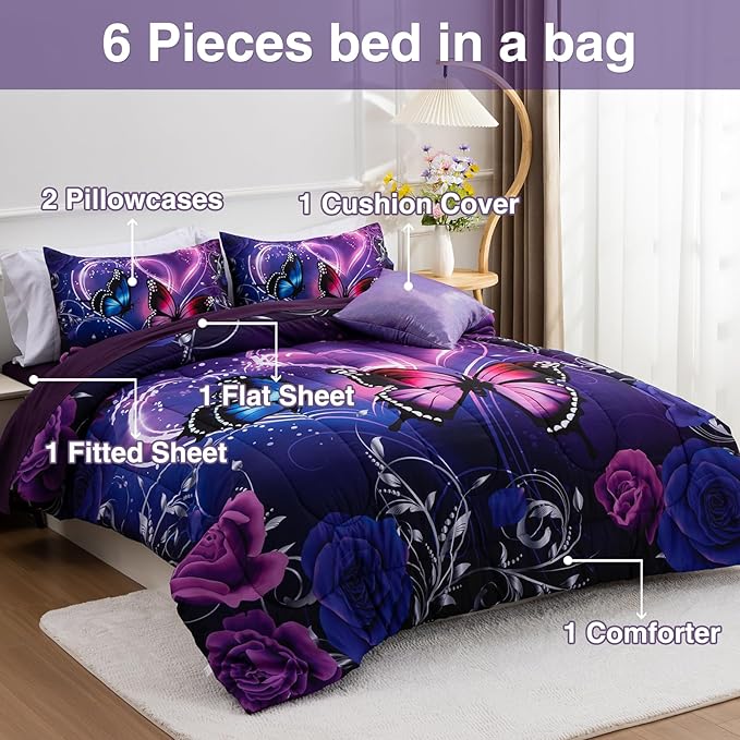 A Nice Night Galaxy 6pcs Bed in a Bag Purple and Blue Dreamy 3D Butterfly Printed, Butterflies Bedding Full Comforter Set, for Girls Kids Teens