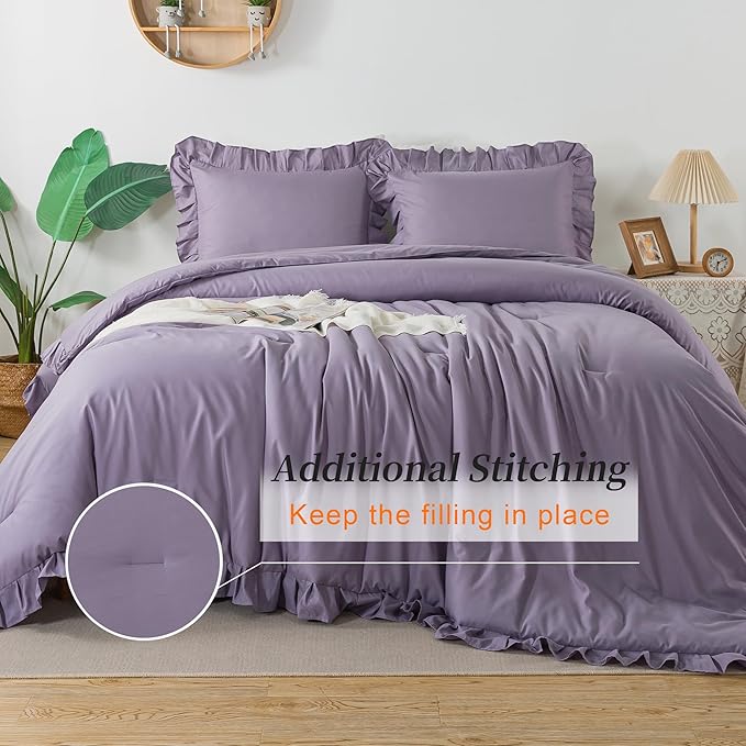Andency California King Comforter Sets Grayish Purple (104x96Inch), 3 Pieces Cal King Ruffle Comforter, Oversized Farmhouse Shabby Chic Bed Comforter, Lightweight Soft Microfiber Bedding Set